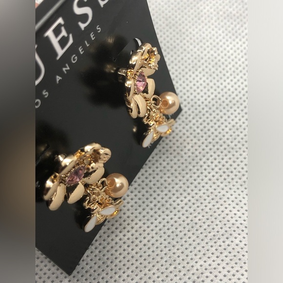 Guess gold tone flower bud pink tourmaline‎ gemstone look dangle charm earrings - Picture 10 of 16